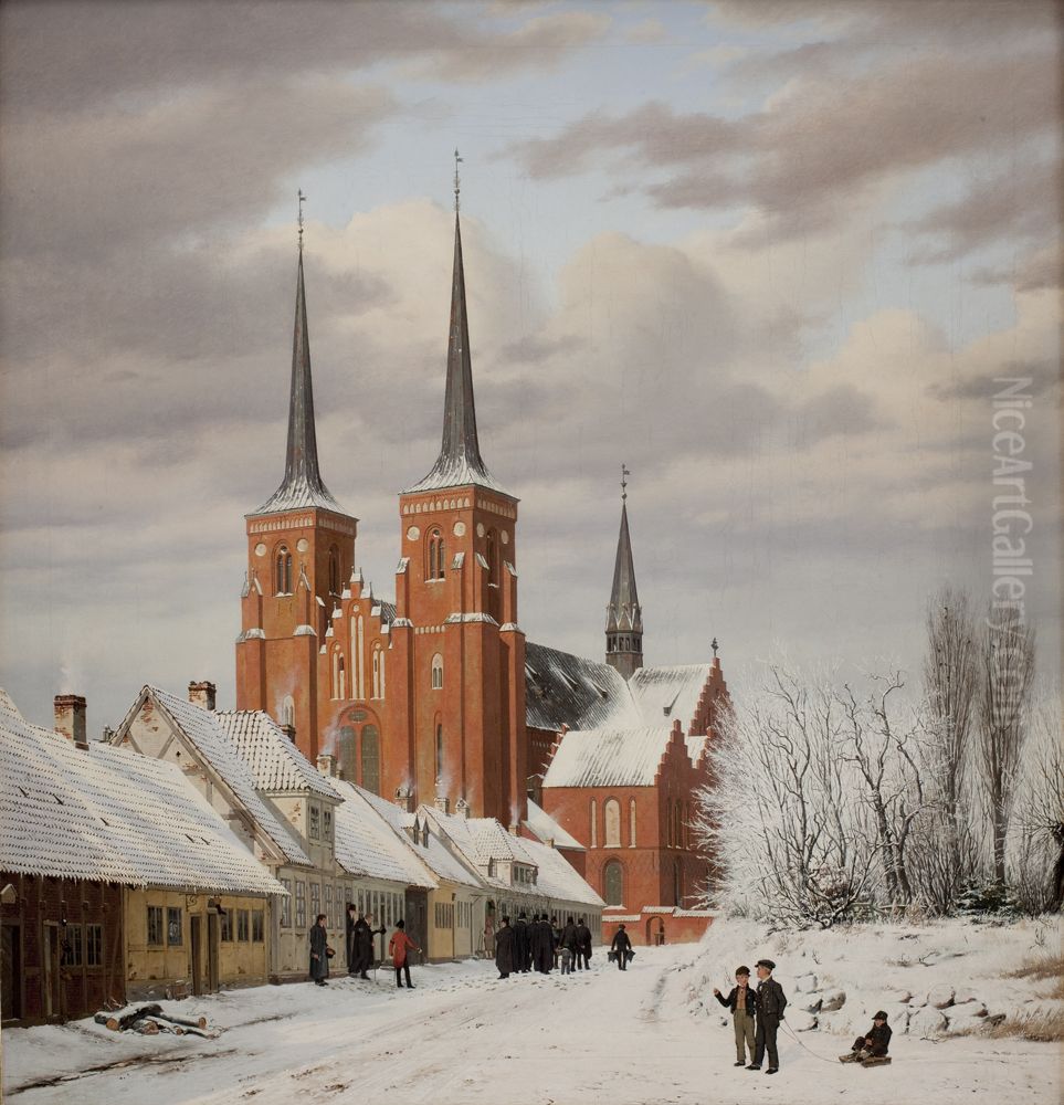 Street in Roskilde. In the Background the Cathedral Oil Painting by Jorgen Roed Street in Roskilde. In the Background the Cathedral Oil Painting by Jorgen Roed