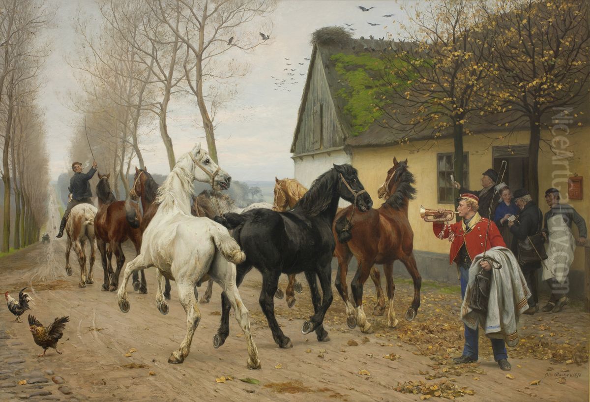 Et kobbel heste uden for en kro Oil Painting by Otto Bache