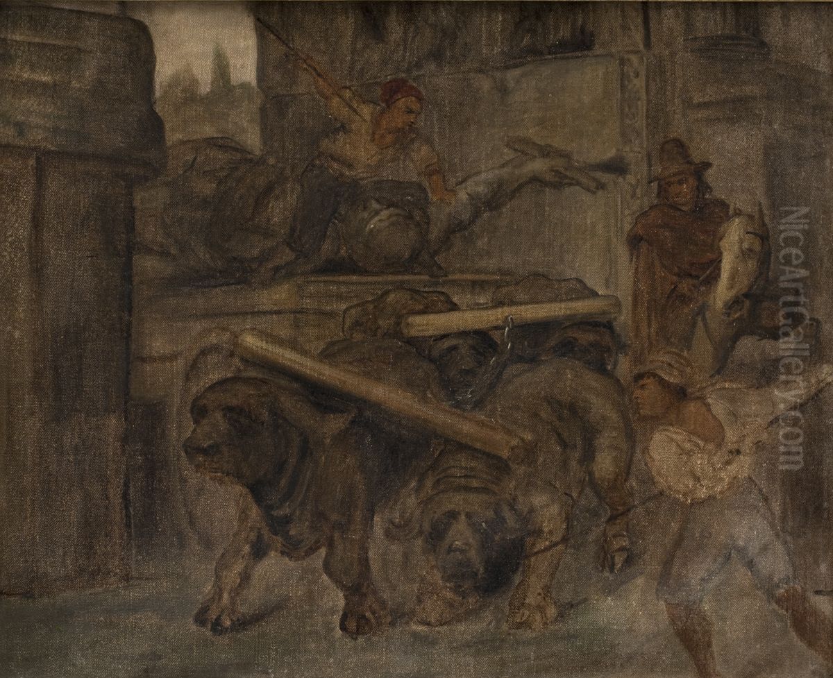 Roman Workmen Transporting an Antique Imperial Statue from the Colosseum through the Arch of Titus to the Capitoline Museums. Study Oil Painting by Ludvig Abelin Schou