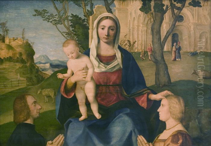 Madonna med Barnet og to stiftere Oil Painting by Vincenzo di Biagio Catena