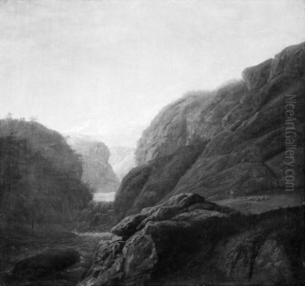 Norwegian Landscape with a River and a Waterfall between Rocks Oil Painting by Johan Christian Dahl
