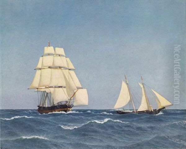 En kaperskonnert, som undlober en forfolgende fregat Oil Painting by Christoffer Wilhelm Eckersberg