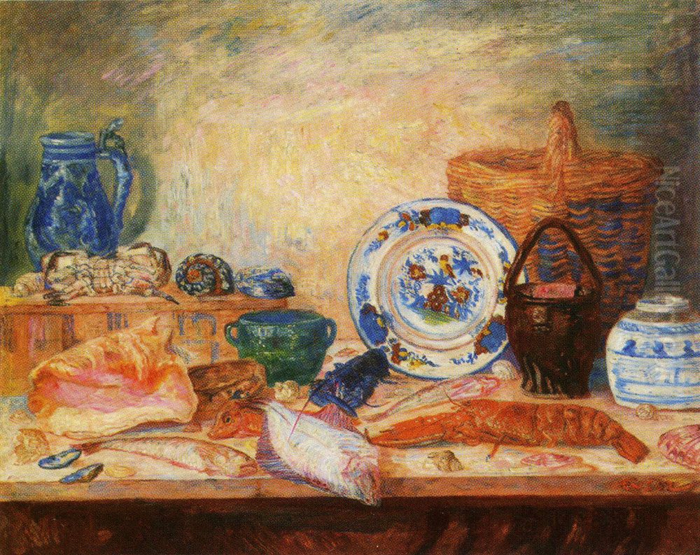 Still Life with Fish and Shells Oil Painting by James Ensor