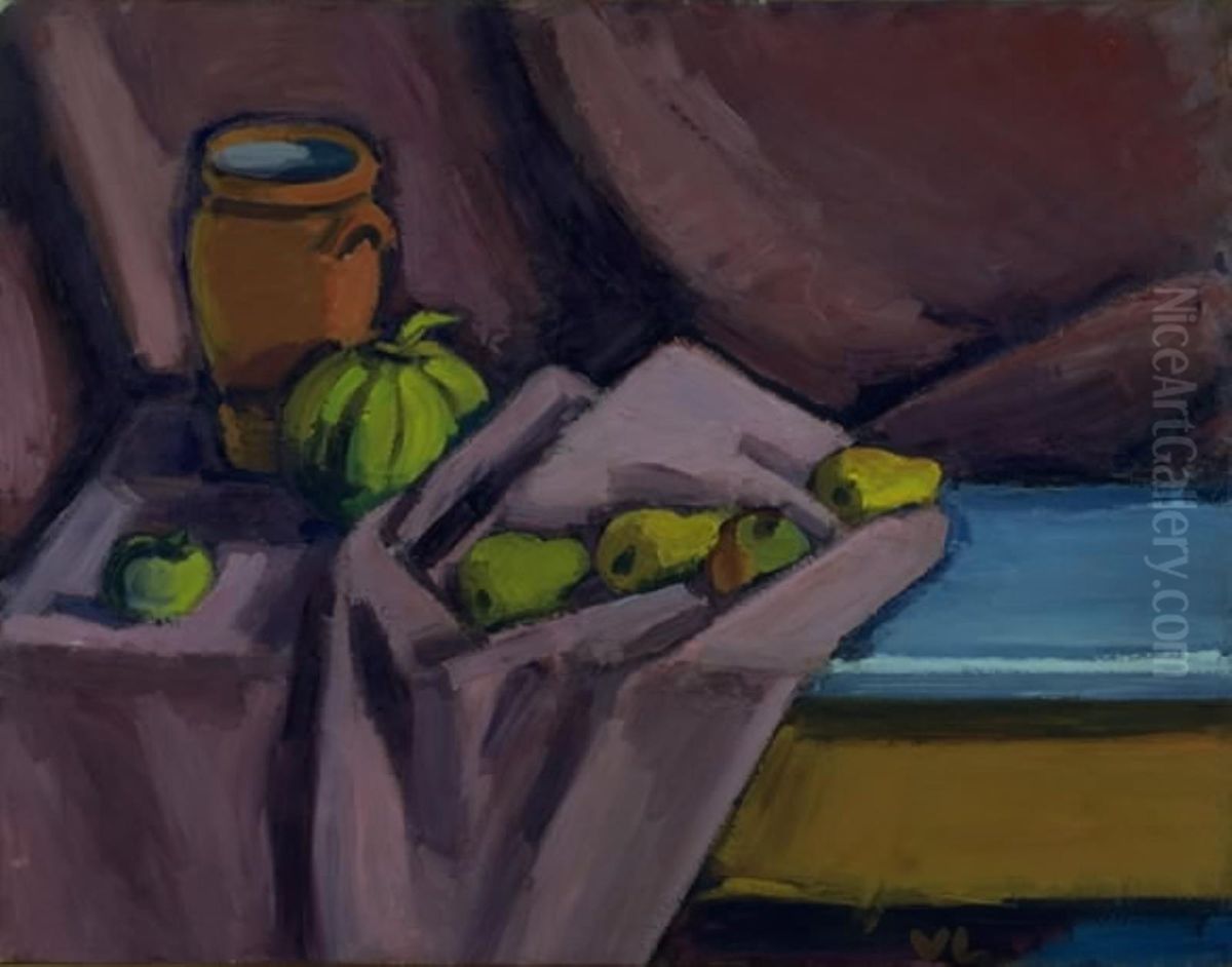 Opstilling med krukke og frugter Oil Painting by Vilhelm Lundstrom