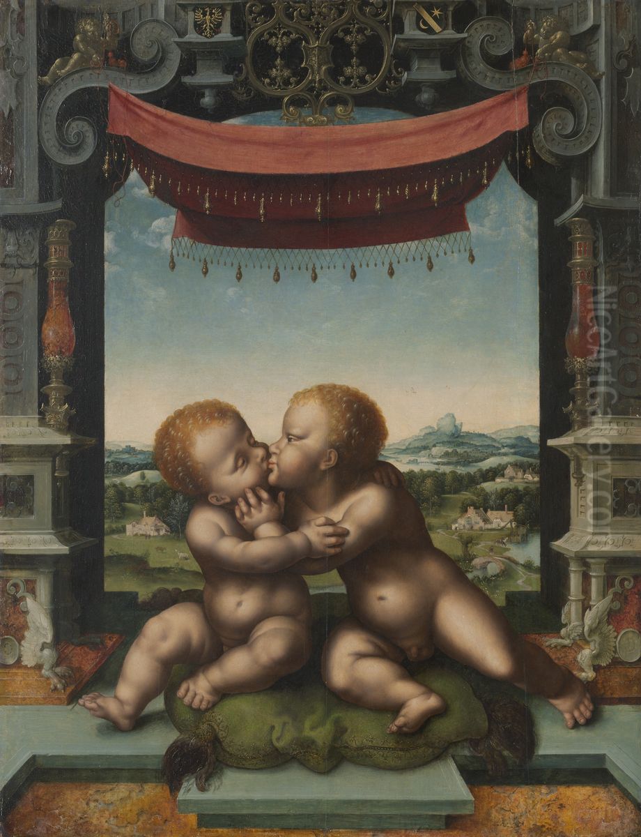 The Infants Christ and Saint John the Baptist Embracing Oil Painting by Joos van Cleveand workshop