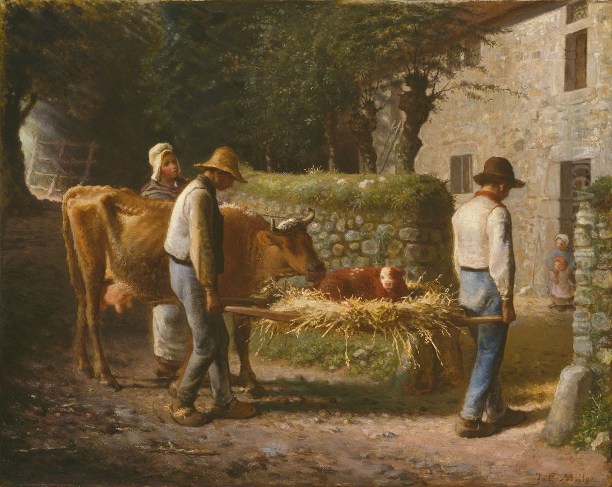 Paysans ramener chez eux un veau ne dans les champs Oil Painting by Jean-Francois Millet
