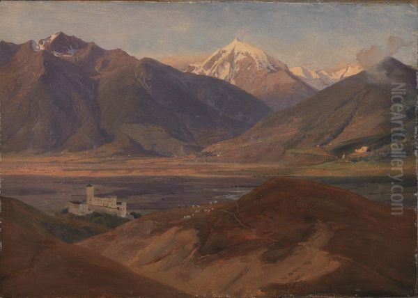 Mountain Landscape in Venosta with the Castle Coira and the Mountain Ortles Oil Painting by Jorgen Valentin Sonne