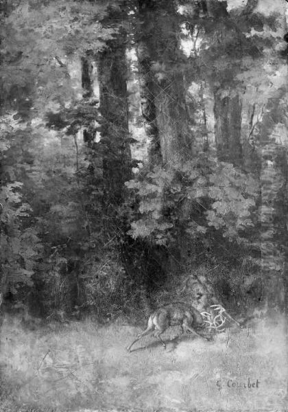 Fighting Stags in a Forest Oil Painting by Gustave Courbet