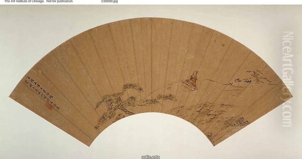 Scholar Playing a Qin (Zither) Oil Painting by Cheng Jiasui