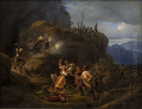 Scene af tyrolerkrigen i aret 1809 Oil Painting by Niels Simonsen
