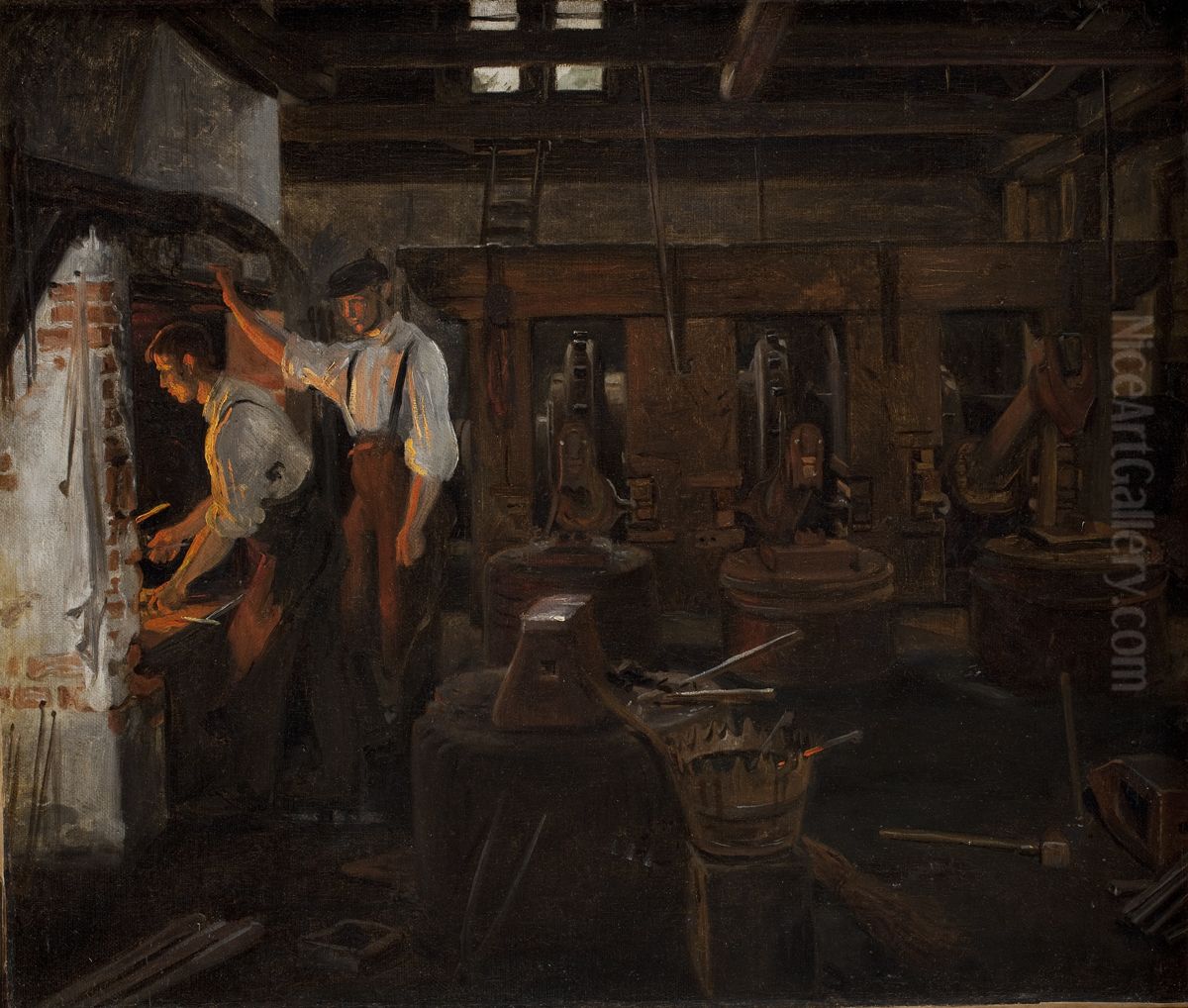 The interior of the old hammer mill at Hellebaek Oil Painting by Constantin Hansen