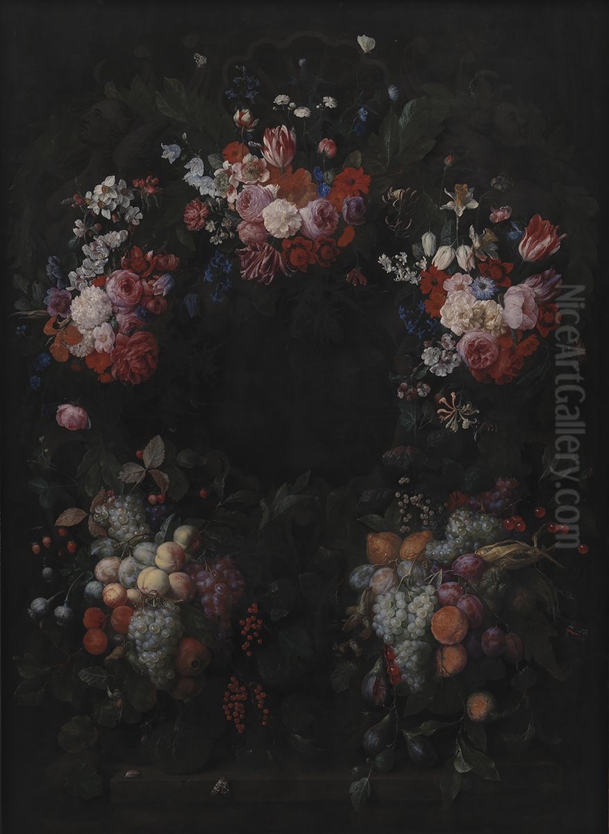 Stone Cartouche with Fruit and Flower Garland Oil Painting by Joris Van Son