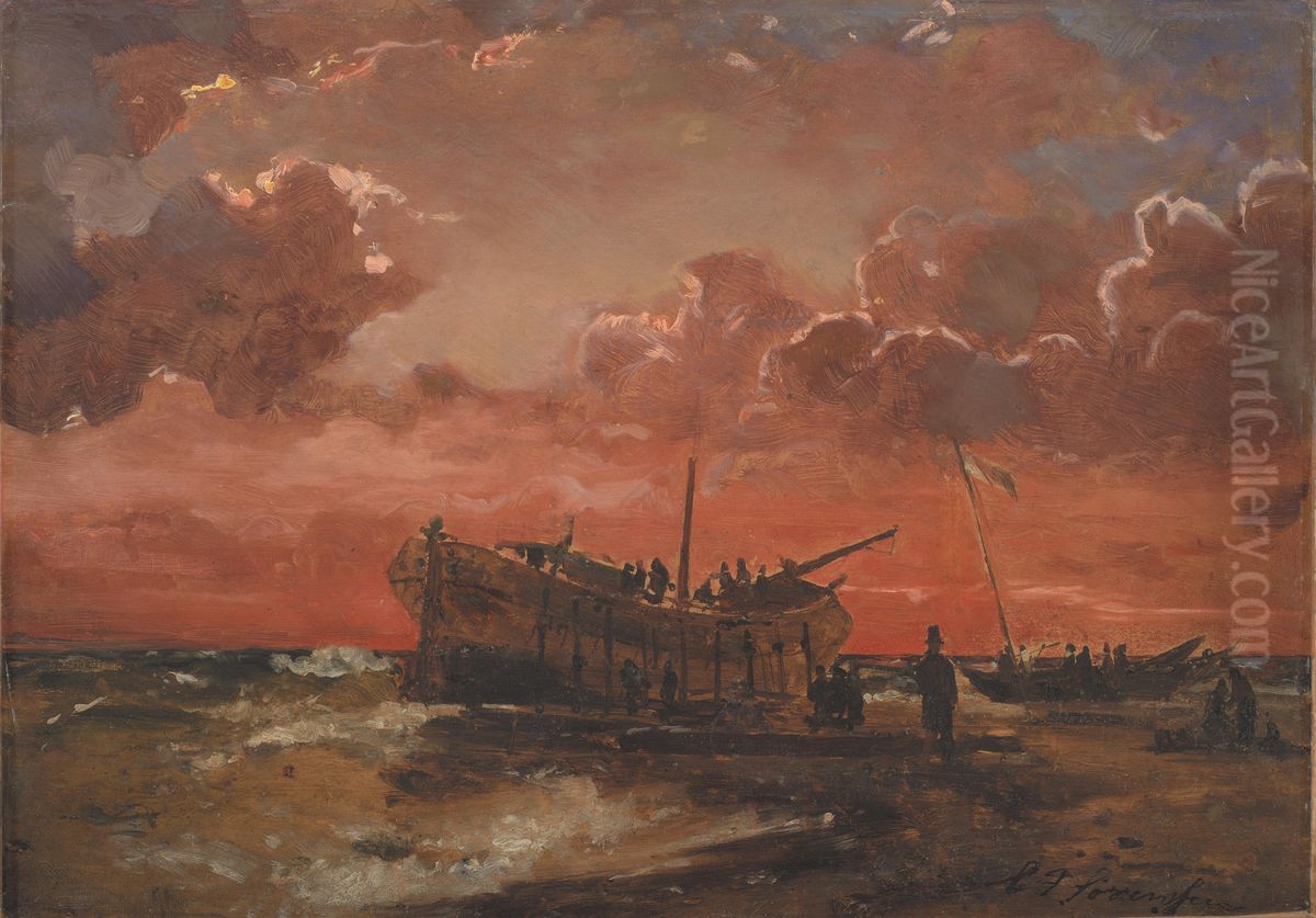 A Wreck on the West Coast of Jutland at Sunset Oil Painting by Carl Frederik Sorensen