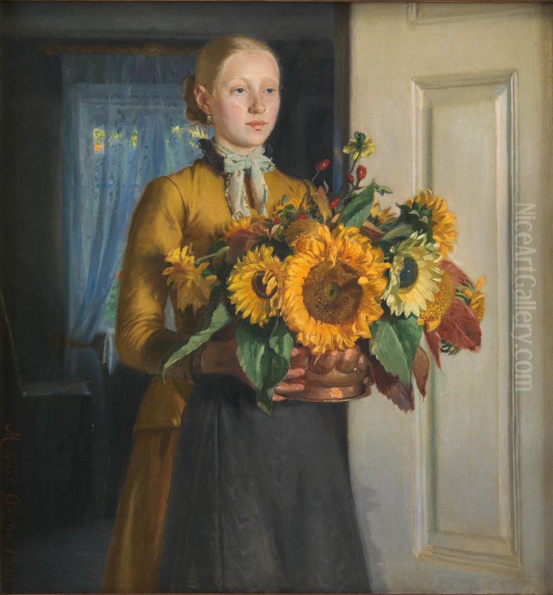 A Girl with Sunflowers Oil Painting by Michael Peter Ancher