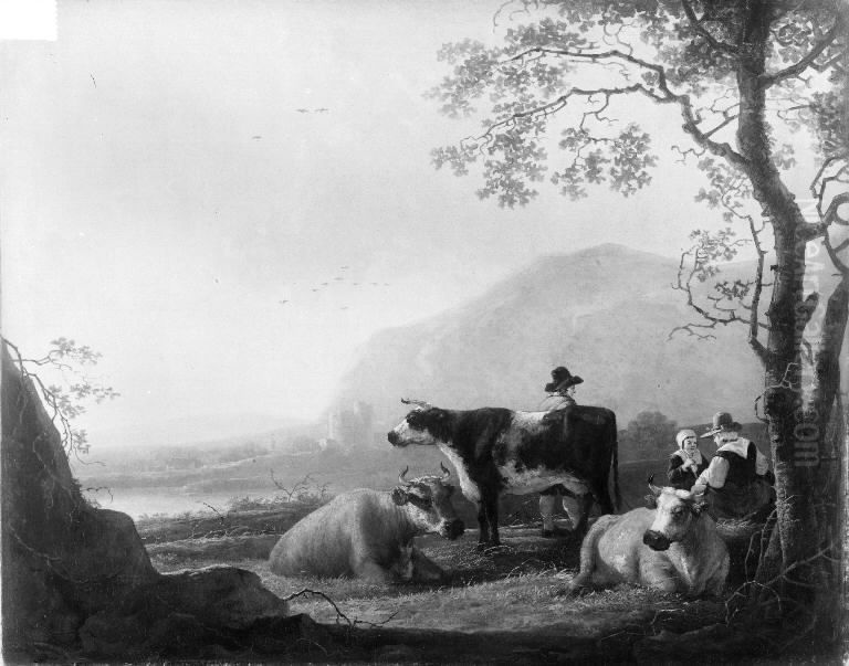 Landscape with Three Cows and Shepherds Oil Painting by Aelbert Cuyp