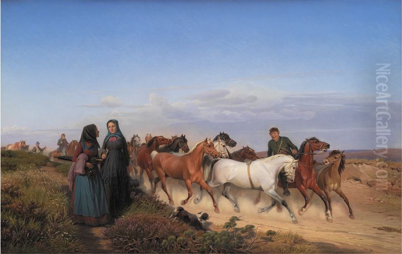 Jyske bonder pa vej hjem fra marked med deres heste Oil Painting by Jorgen Valentin Sonne