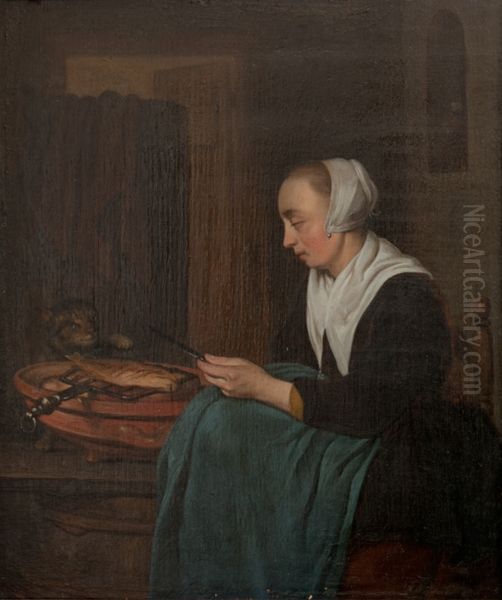 A Sleeping Saleswoman Oil Painting by Gabriel Metsu