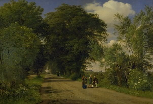 A Country Road near Vognserup Manor, Zealand. The Painter J.Th. Lundbye Sketching by the Roadside Oil Painting by P. C. Skovgaard