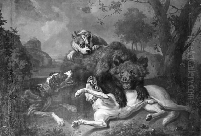 Fight between Bear and Dogs Oil Painting by Dirk Valkenburg