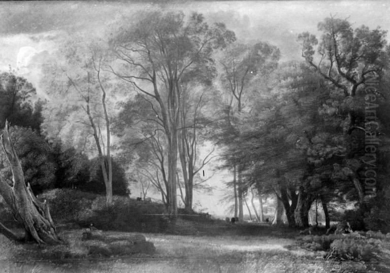 Skovlandskab med graessende kvaeg Oil Painting by P. C. Skovgaard