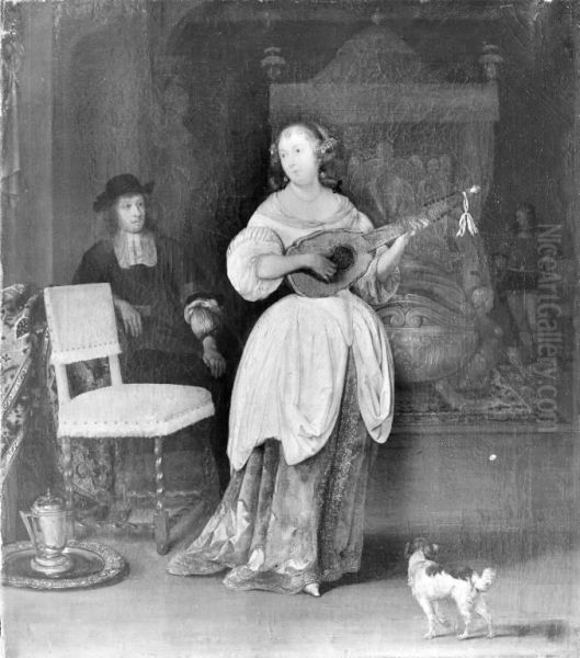 A Woman Playing the Mandolin Oil Painting by Eglon van der Neer