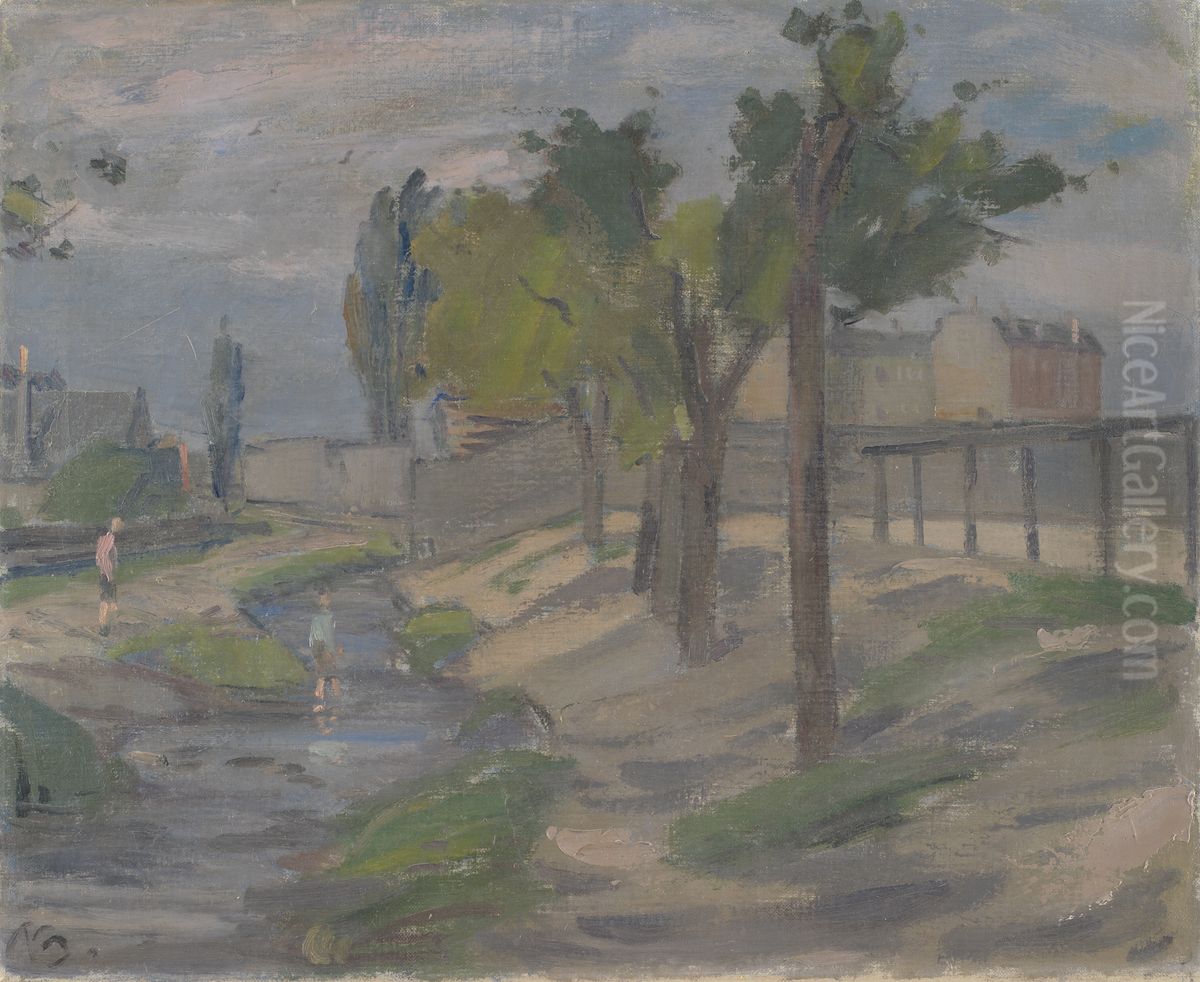 Boys Paddling in the Ladegards Stream (?).Gables In the Background Oil Painting by Peter Rostrup Boyesen