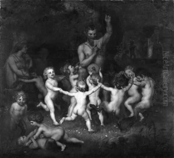 Woodland Deities Sourrounded by Dancing Bacchantes and Children Playing Oil Painting by Lorenz Frolich