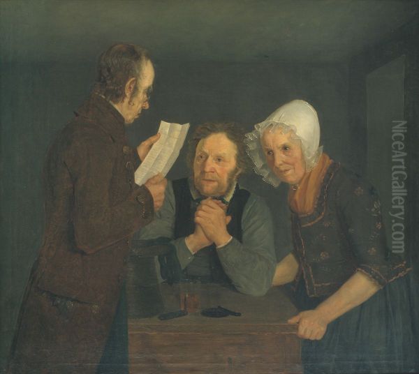 En skolemester laeser et brev op for et par gamle folk fra deres son i udlandet Oil Painting by Moritz Unna