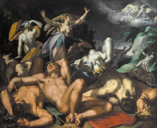 Apollo and Diana Punishing Niobe by Killing her Children Oil Painting by Abraham Bloemaert