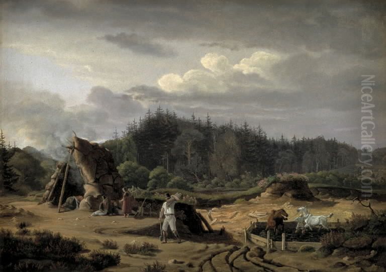 A Bog with Peat Cutters. Hosterkob, Sealand Oil Painting by Fritz Petzholdt