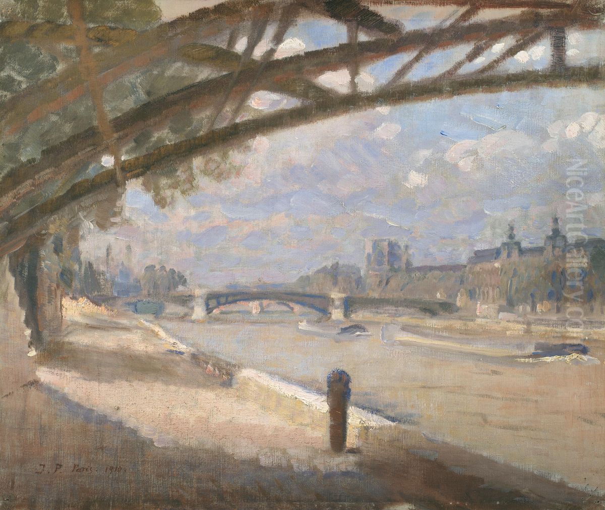 Under Pont des Arts i Paris. Middagssol Oil Painting by Julius Paulsen