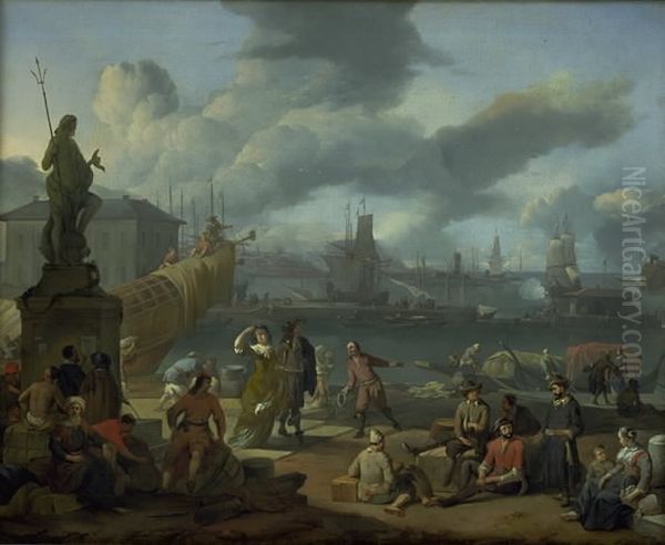 Southern Harbour among Rocks Oil Painting by Johannes Lingelbach