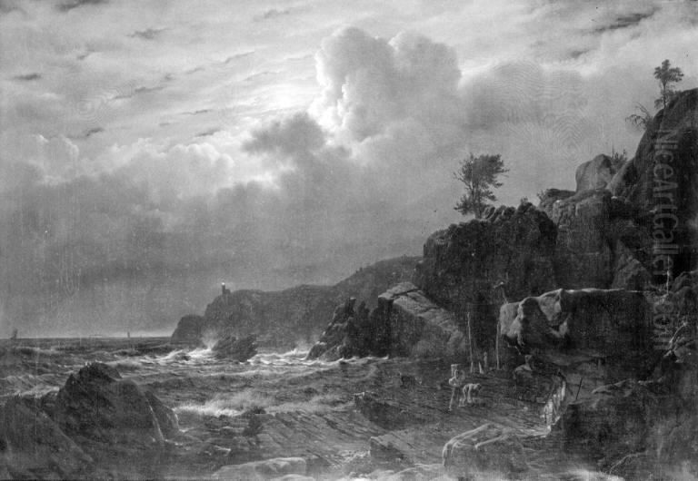 View of Kullen in Sweden. Smugglers Hiding their Goods among the Rocks. Moonlight Oil Painting by Louis Gurlitt