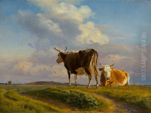 Two Cows in an Open Field Oil Painting by Johan Lundbye