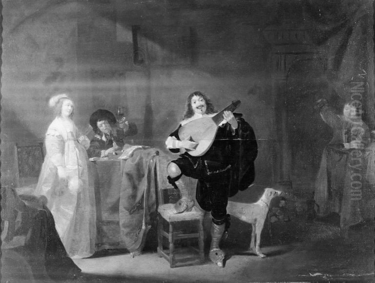 Guitar Player Oil Painting by Anthonie Palamedesz.