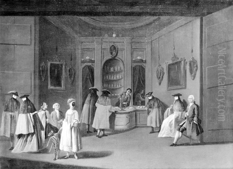 Masked and Unmasked Persons at the Confectioner's Oil Painting by Pietro Longhi