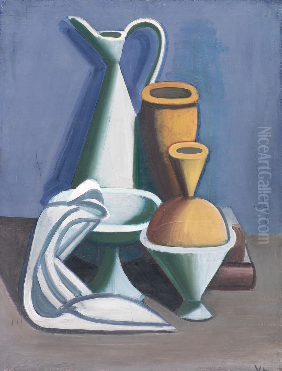 Opstilling med vandkande, handklaede og krukker Oil Painting by Vilhelm Lundstrom