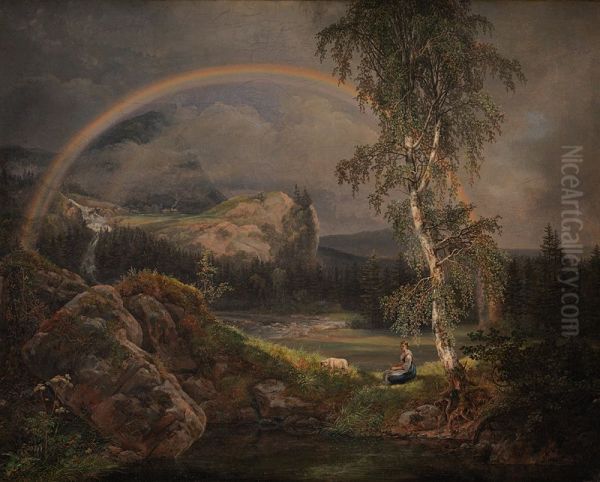 Norsk landskab med en regnbue Oil Painting by Johan Wilhelm Ludwig Dahl