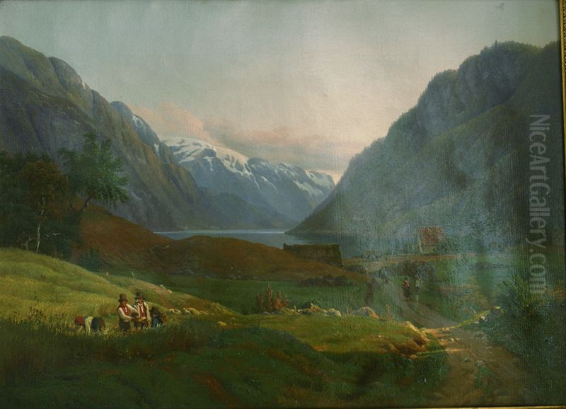 View of Odda at the Sor Fjord in Hardanger, Norway. Morning Light Oil Painting by Louis Gurlitt