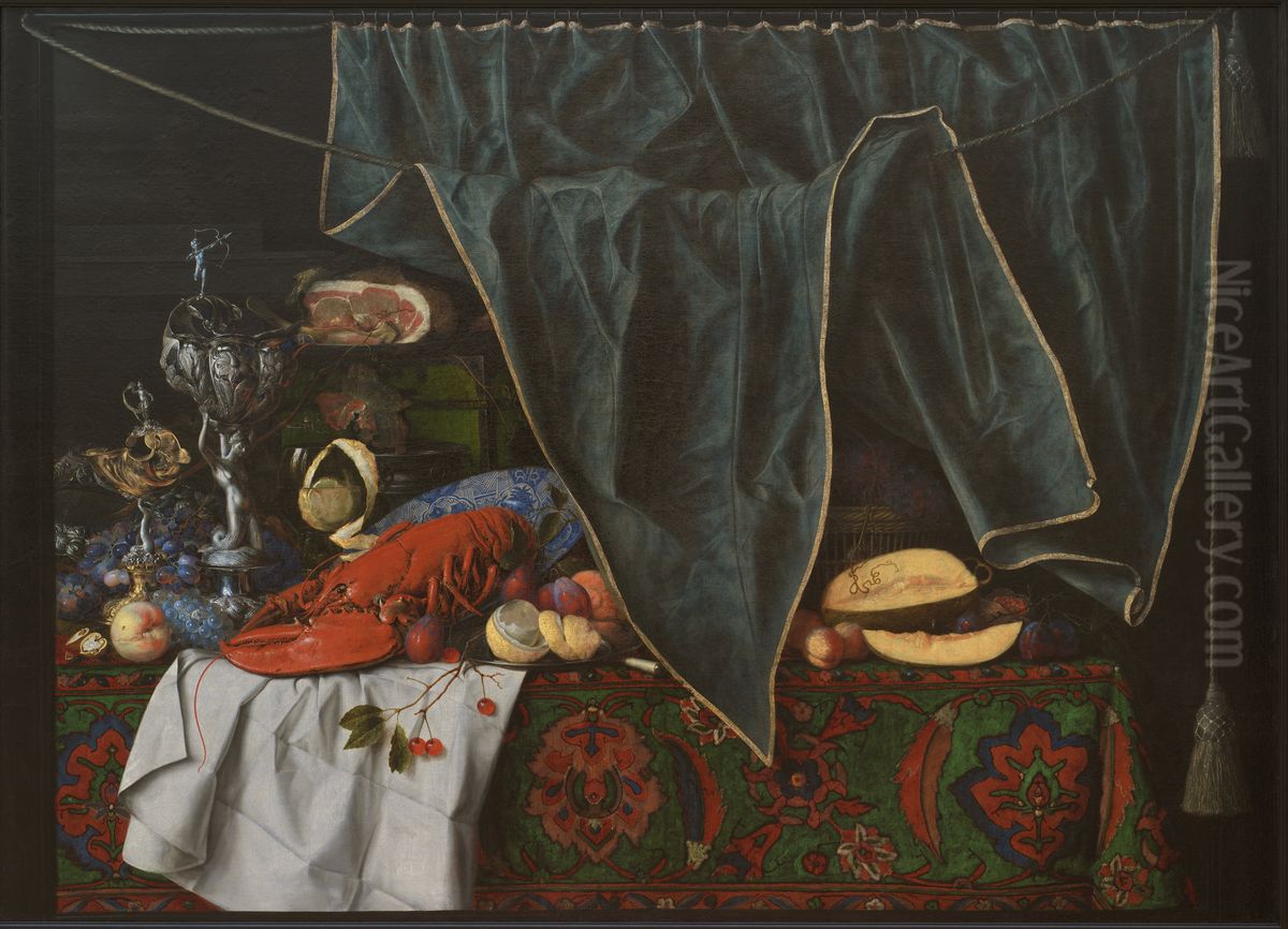Trompe l'oeil med maltidsstykke med pragtkar Oil Painting by Cornelis Norbertus Gijsbrechts