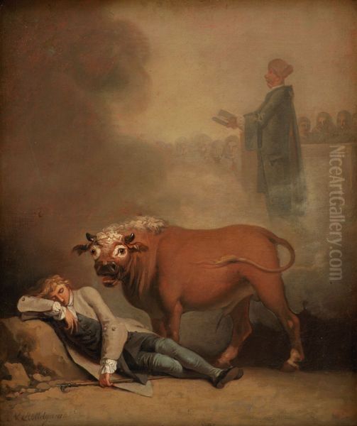 Niels Klim thinks he hears the Deacon when he is awakened by a Bull. Oil Painting by Nicolai Abildgaard