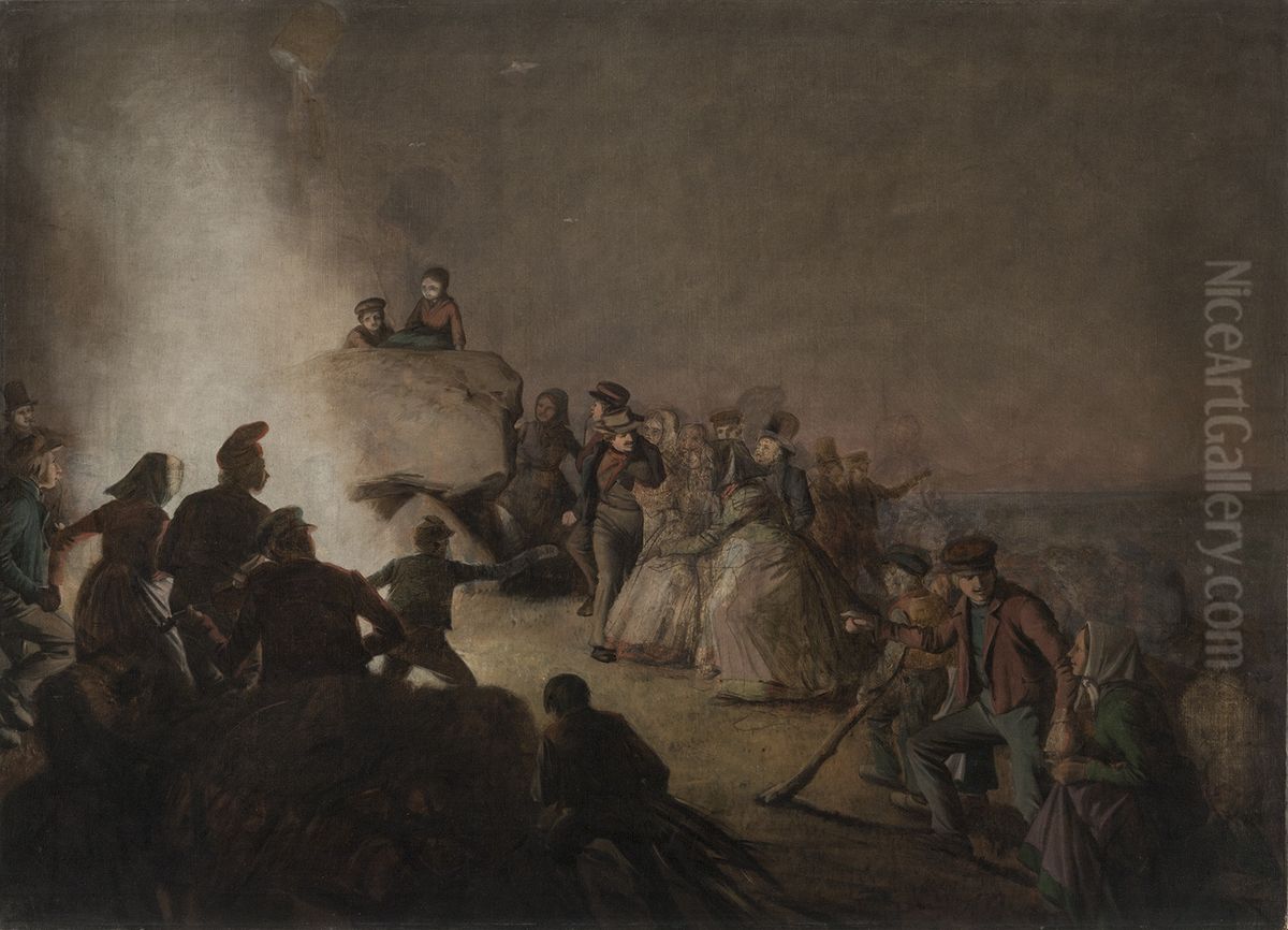 St. Hansaften. Bonder, som har taendt blus pa en kaempehoj, danser omkring ilden Oil Painting by Jorgen Valentin Sonne