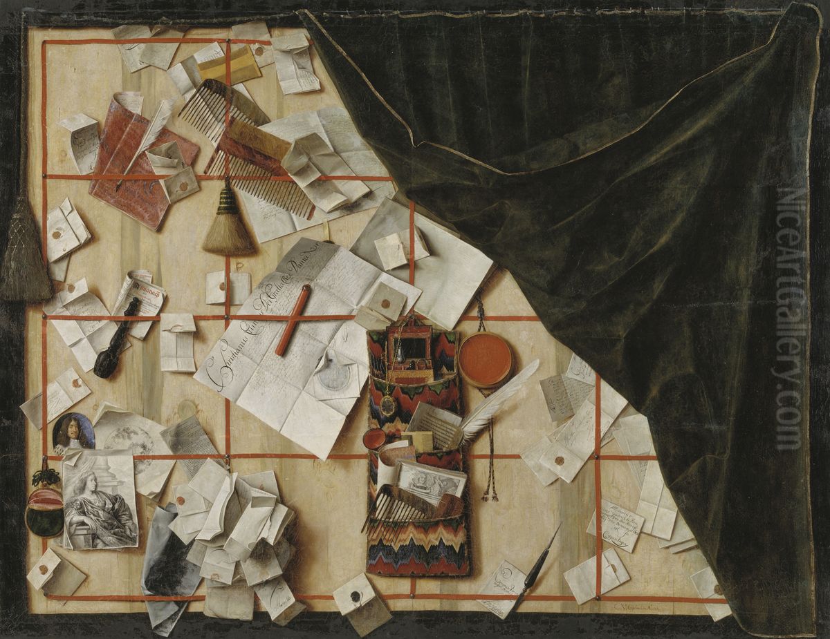 Trompe l'oeil of a Letter Rack with Christian V's Proclamation Oil Painting by Cornelis Norbertus Gijsbrechts