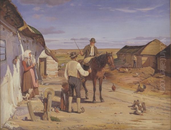 A Stranger Asking his Way at a Farm on the Moors Oil Painting by Hans Smidth
