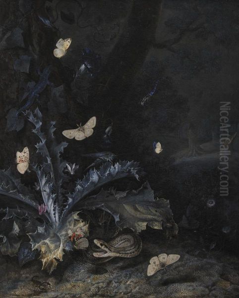 Stilleben med tidsel og slange Oil Painting by Otto Marseus van Schrieck