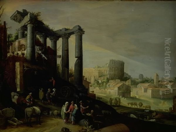 Landscape with a View of Campo Vaccino in Rome Oil Painting by Willem van Nieulandt II