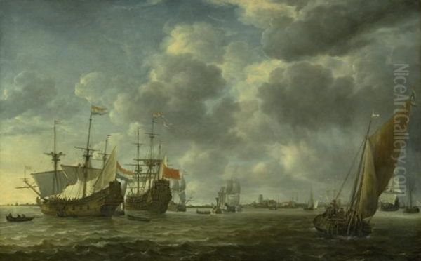 Ships in the River Maas off Rotterdam Oil Painting by Simon De Vlieger
