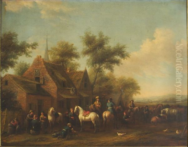 Landscape with Horsemen Resting outside an Inn Oil Painting by Philips Wouwerman