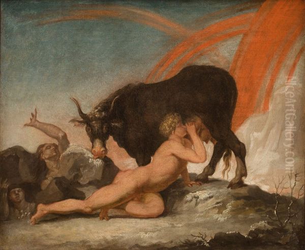 Ymir Suckling the Cow Audhumla Oil Painting by Nicolai Abildgaard