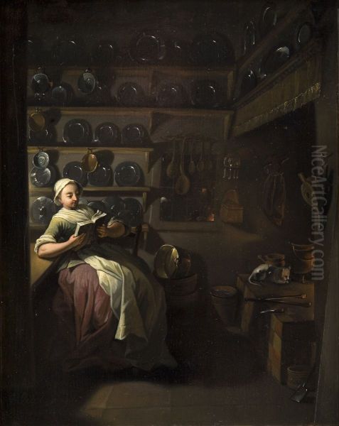 Kokkeninterior med laesende pige Oil Painting by Jens Juel
